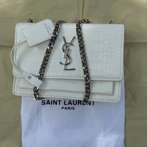 Saint Laurent Calfskin Crocodile Embossed Medium Monogram Sunset Blanc Vintage